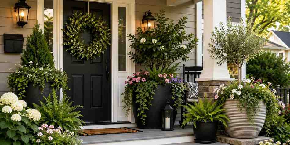 layer-in-oversized-planters-and-greenery Front Porch Decorating Ideas