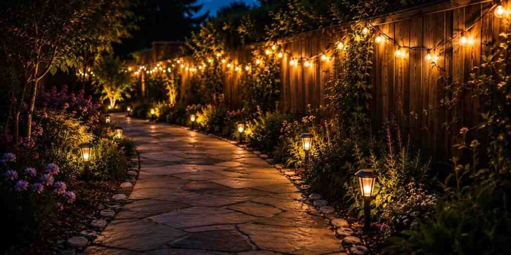 solar-fairy-lights-draped-along-a-fence-bordering-the-path