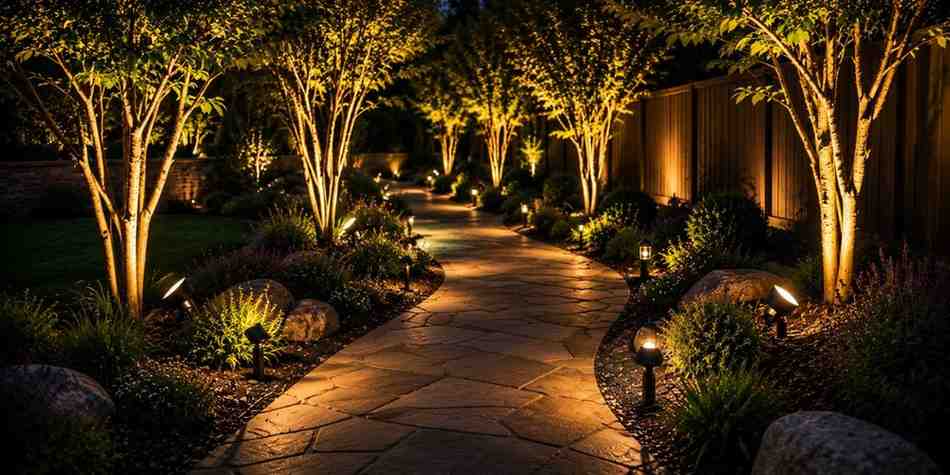 solar-spotlights-aimed-up-into-trees-along-the-path