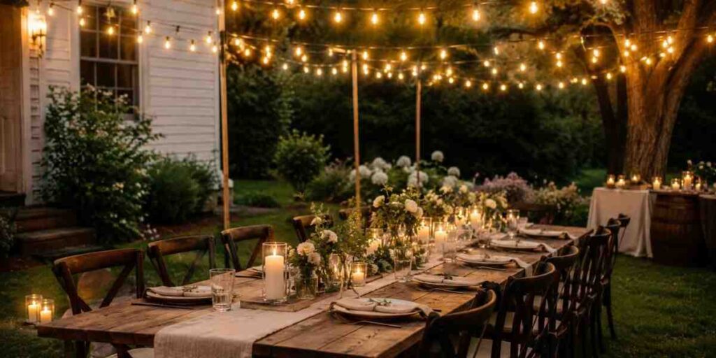 the-farmhouse-style-long-table-under-string-lights Outdoor Dining Area Ideas